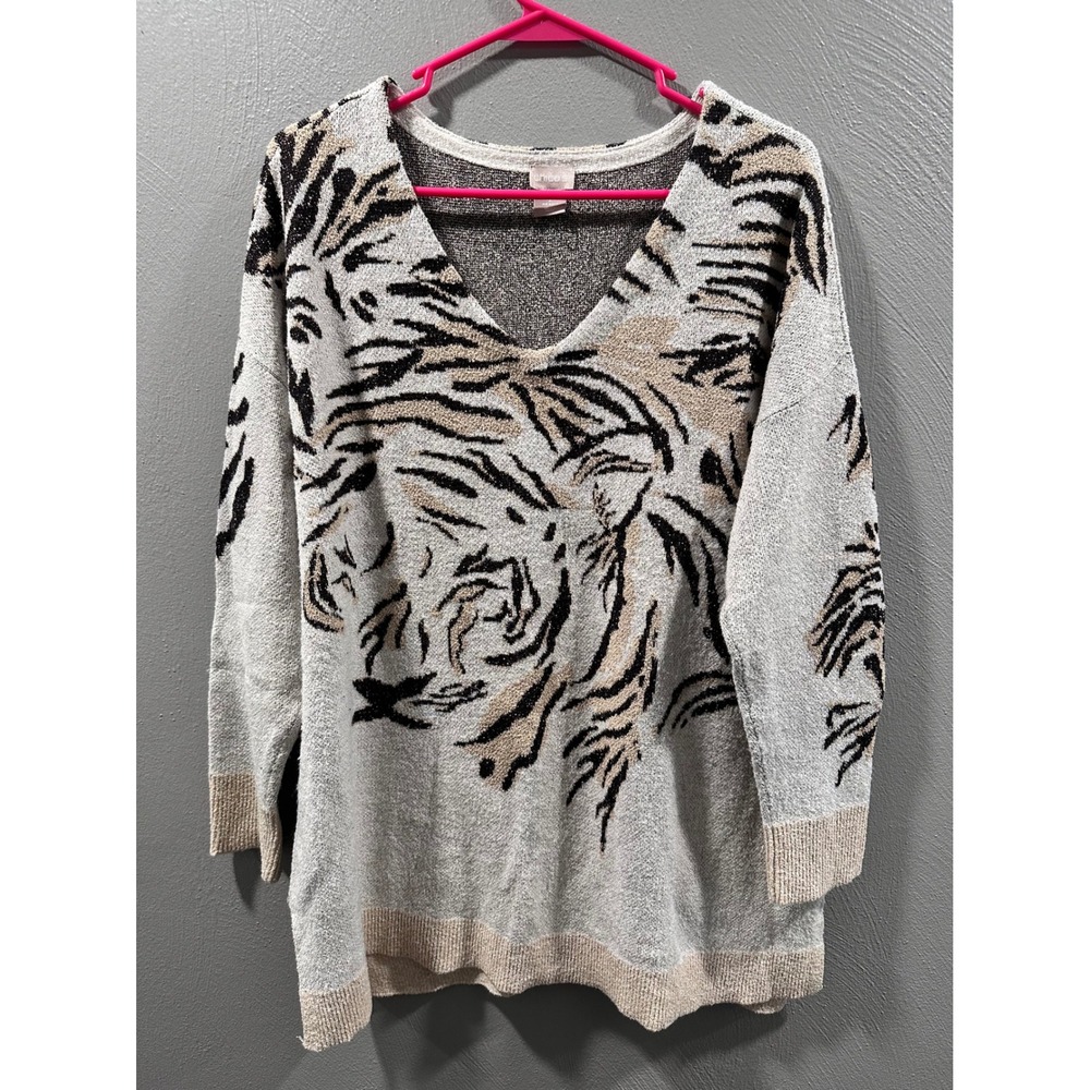 Chicos Tiger Animal Print V-Neck Sweater Grey Tan Size 2 L XL Relaxed Fit Knit